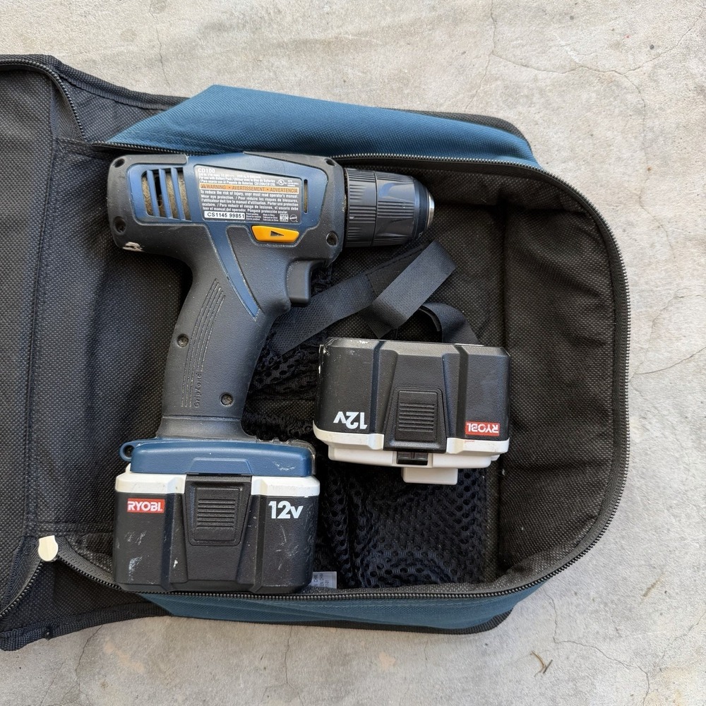 Ryobi CD100 12V 3/8" Drive Cordless Drill w/ 2 Batteries, Case, & No Charger